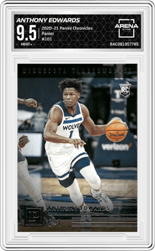 Anthony Edwards from the 2020-21 Panini Chronicles set graded by Arena Club and given an overall grade of 9.5.