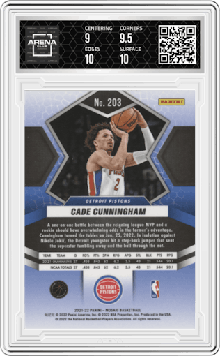 Cade Cunningham from the 2021-22 Panini Mosaic  set graded by Arena Club and given an overall grade of 9.5.
