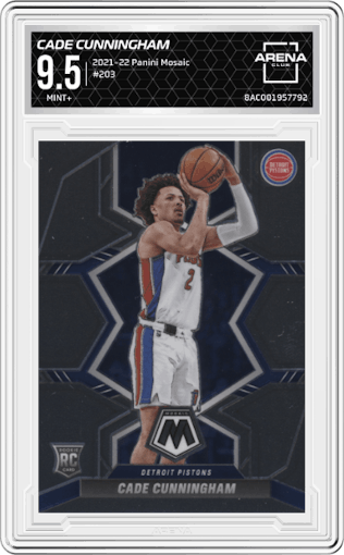 Cade Cunningham from the 2021-22 Panini Mosaic  set graded by Arena Club and given an overall grade of 9.5.