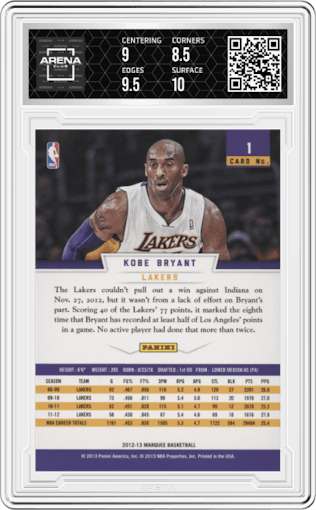 Kobe Bryant from the 2012-13 Panini Marquee  set graded by Arena Club and given an overall grade of 9.