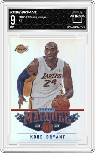 Kobe Bryant from the 2012-13 Panini Marquee  set graded by Arena Club and given an overall grade of 9.