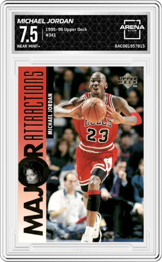 Michael Jordan from the 1995-96 Upper Deck  set graded by Arena Club and given an overall grade of 7.5.