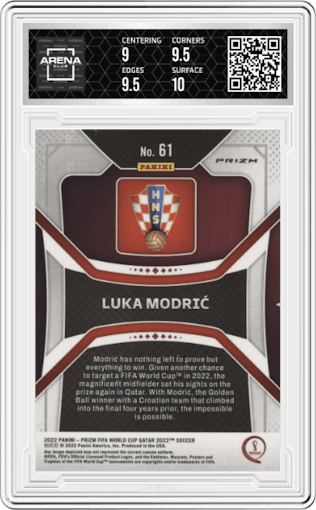 Luka Modric from the 2022 Panini Prizm FIFA WC Qatar set featuring a Silver Prizm parallel graded by Arena Club and given an overall grade of 9.5.