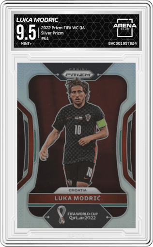 Luka Modric from the 2022 Panini Prizm FIFA WC Qatar set featuring a Silver Prizm parallel graded by Arena Club and given an overall grade of 9.5.