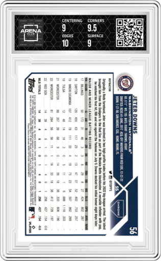 Jeter Downs from the 2023 Topps Chrome set featuring a Refractor parallel graded by Arena Club and given an overall grade of 9.5.