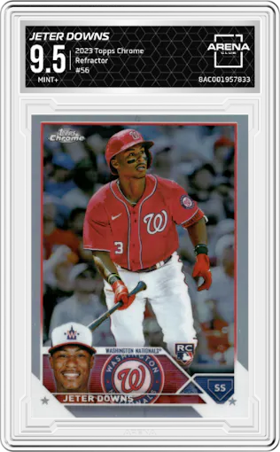 Jeter Downs from the 2023 Topps Chrome set featuring a Refractor parallel graded by Arena Club and given an overall grade of 9.5.