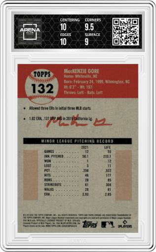 MacKenzie Gore from the 2022 Topps Chrome Platinum Anniversary set graded by Arena Club and given an overall grade of 9.5.