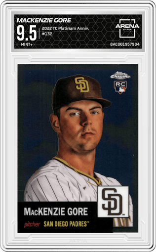 MacKenzie Gore from the 2022 Topps Chrome Platinum Anniversary set graded by Arena Club and given an overall grade of 9.5.