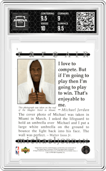 Michael Jordan from the 1994 Upper Deck Jordan Rare Air set graded by Arena Club and given an overall grade of 9.5.