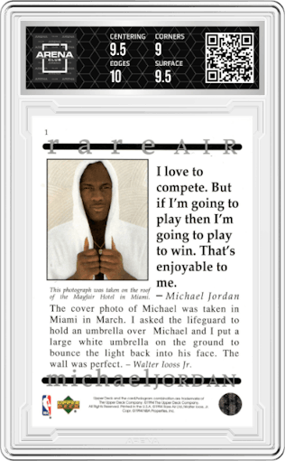 Michael Jordan from the 1994 Upper Deck Jordan Rare Air set graded by Arena Club and given an overall grade of 9.5.