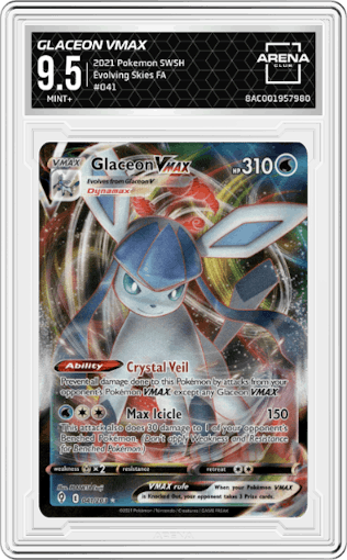 Glaceon VMAX from the 2021 Pokemon SWSH set graded by Arena Club and given an overall grade of 9.5.