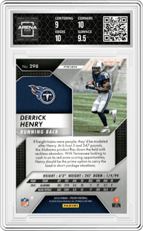 Derrick Henry from the 2016 Panini Prizm set featuring a Silver Prizm parallel graded by Arena Club and given an overall grade of 9.5.