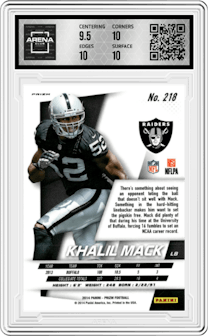 Khalil Mack from the 2014 Panini Prizm set featuring a Red/Gold Prizm parallel graded by Arena Club and given an overall grade of 10.
