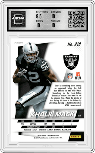 Khalil Mack from the 2014 Panini Prizm set featuring a Red/Gold Prizm parallel graded by Arena Club and given an overall grade of 10.