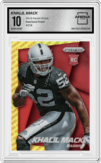 Khalil Mack from the 2014 Panini Prizm set featuring a Red/Gold Prizm parallel graded by Arena Club and given an overall grade of 10.