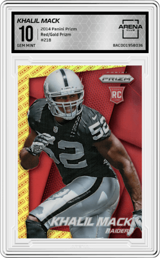 Khalil Mack from the 2014 Panini Prizm set featuring a Red/Gold Prizm parallel graded by Arena Club and given an overall grade of 10.