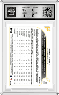 Oneil Cruz from the 2022 Topps Chrome set featuring a X-Fractor parallel graded by Arena Club and given an overall grade of 10.