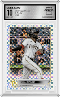 Oneil Cruz from the 2022 Topps Chrome set featuring a X-Fractor parallel graded by Arena Club and given an overall grade of 10.
