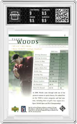 Tiger Woods from the 2001 Upper Deck set graded by Arena Club and given an overall grade of 9.5.