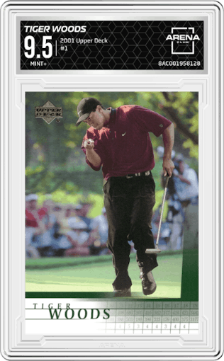 Tiger Woods from the 2001 Upper Deck set graded by Arena Club and given an overall grade of 9.5.