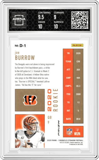 Joe Burrow from the 2020 Panini Chronicles set featuring a Silver parallel graded by Arena Club and given an overall grade of 9.5.