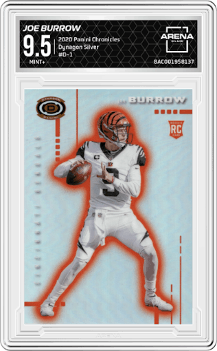 Joe Burrow from the 2020 Panini Chronicles set featuring a Silver parallel graded by Arena Club and given an overall grade of 9.5.