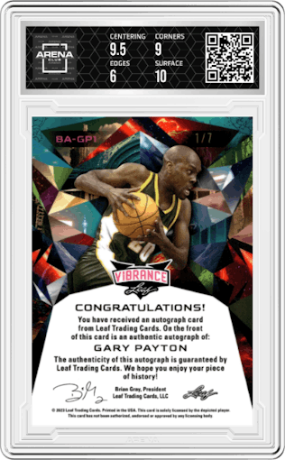 Garry Payton from the 2023 Leaf Vibrance set featuring a Green Shimmer parallel graded by Arena Club and given an overall grade of 6.5.