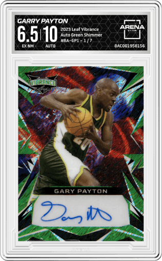 Garry Payton from the 2023 Leaf Vibrance set featuring a Green Shimmer parallel graded by Arena Club and given an overall grade of 6.5.