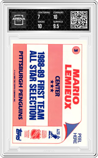 Mario Lemieux from the 1989-90 Topps set featuring a Variation parallel graded by Arena Club and given an overall grade of 7.5.