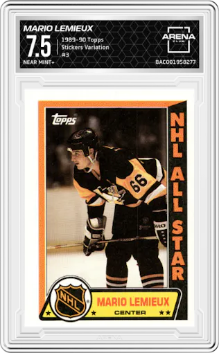 Mario Lemieux from the 1989-90 Topps set featuring a Variation parallel graded by Arena Club and given an overall grade of 7.5.