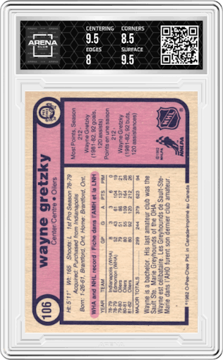 Wayne Gretzky from the 1982-83 O-Pee-Chee set graded by Arena Club and given an overall grade of 8.5.