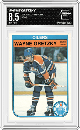 Wayne Gretzky from the 1982-83 O-Pee-Chee set graded by Arena Club and given an overall grade of 8.5.