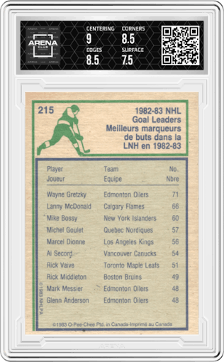 Wayne Gretzky from the 1983-84 O-Pee-Chee set graded by Arena Club and given an overall grade of 8.