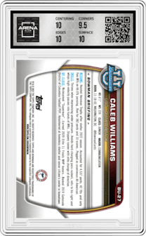 Caleb Williams from the 2023 Topps National Convention Wrapper Redemption  set featuring a Gold parallel graded by Arena Club and given an overall grade of 10.