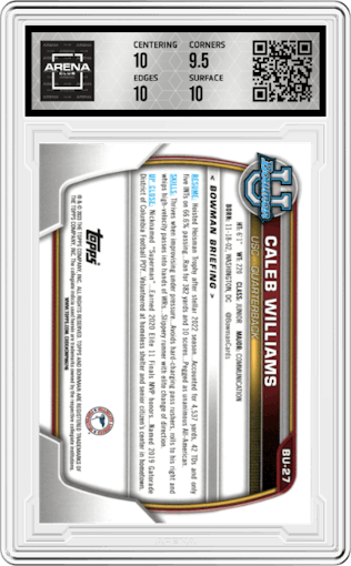 Caleb Williams from the 2023 Topps National Convention Wrapper Redemption  set featuring a Gold parallel graded by Arena Club and given an overall grade of 10.