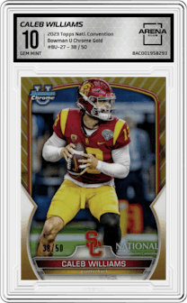 Caleb Williams from the 2023 Topps National Convention Wrapper Redemption  set featuring a Gold parallel graded by Arena Club and given an overall grade of 10.