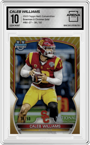 Caleb Williams from the 2023 Topps National Convention Wrapper Redemption  set featuring a Gold parallel graded by Arena Club and given an overall grade of 10.