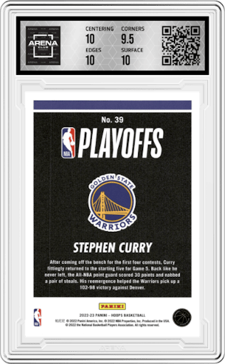 Stephen Curry from the 2022-23 Panini NBA Hoops set graded by Arena Club and given an overall grade of 10.