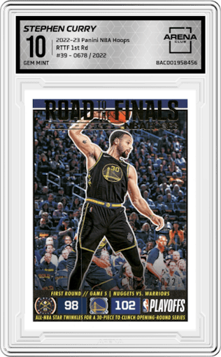 Stephen Curry from the 2022-23 Panini NBA Hoops set graded by Arena Club and given an overall grade of 10.