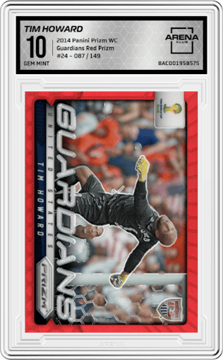 Tim Howard from the 2014 Panini Prizm World Cup set featuring a Red Prizm parallel graded by Arena Club and given an overall grade of 10.