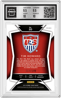 Tim Howard from the 2015-16 Panini Select set featuring a Orange parallel graded by Arena Club and given an overall grade of 10.