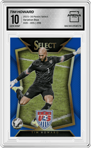 Tim Howard from the 2015-16 Panini Select set featuring a Blue parallel graded by Arena Club and given an overall grade of 10.