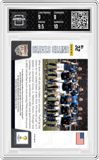 United States from the 2014 Panini Prizm World Cup set featuring a Prizm parallel graded by Arena Club and given an overall grade of 9.5.