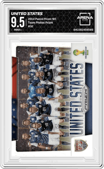 United States from the 2014 Panini Prizm World Cup set featuring a Prizm parallel graded by Arena Club and given an overall grade of 9.5.