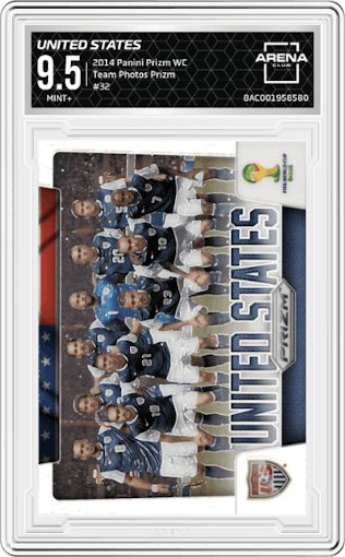 United States from the 2014 Panini Prizm World Cup set featuring a Prizm parallel graded by Arena Club and given an overall grade of 9.5.