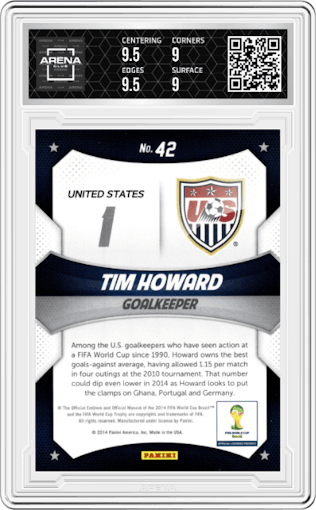 Tim Howard from the 2014 Panini Prizm World Cup set graded by Arena Club and given an overall grade of 9.5.