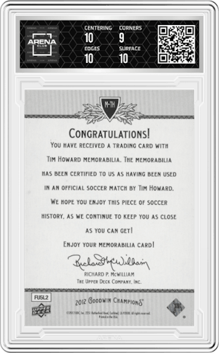 Tim Howard  from the 2012 Upper Deck Goodwin Champions set graded by Arena Club and given an overall grade of 9.5.