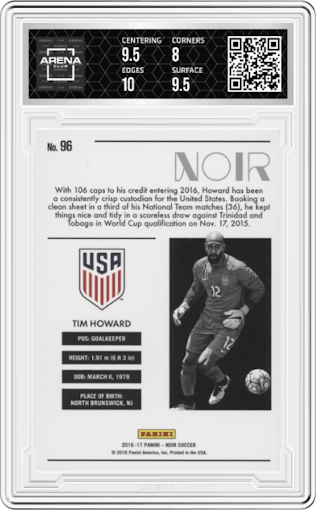 Tim Howard from the 2016-17 Panini Noir set graded by Arena Club and given an overall grade of 8.5.