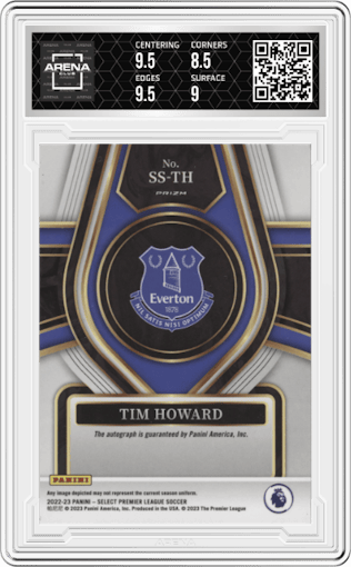 Tim Howard from the 2022-23 Panini Select Premier League set featuring a Blue Pulsar parallel graded by Arena Club and given an overall grade of 9.