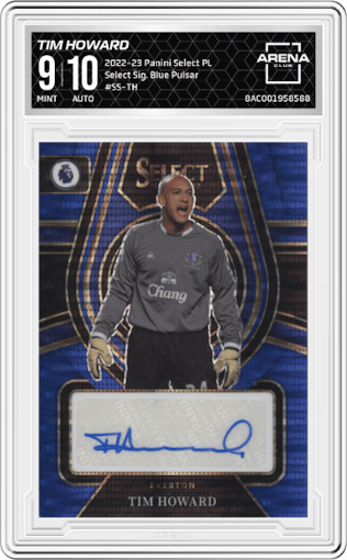 Tim Howard from the 2022-23 Panini Select Premier League set featuring a Blue Pulsar parallel graded by Arena Club and given an overall grade of 9.